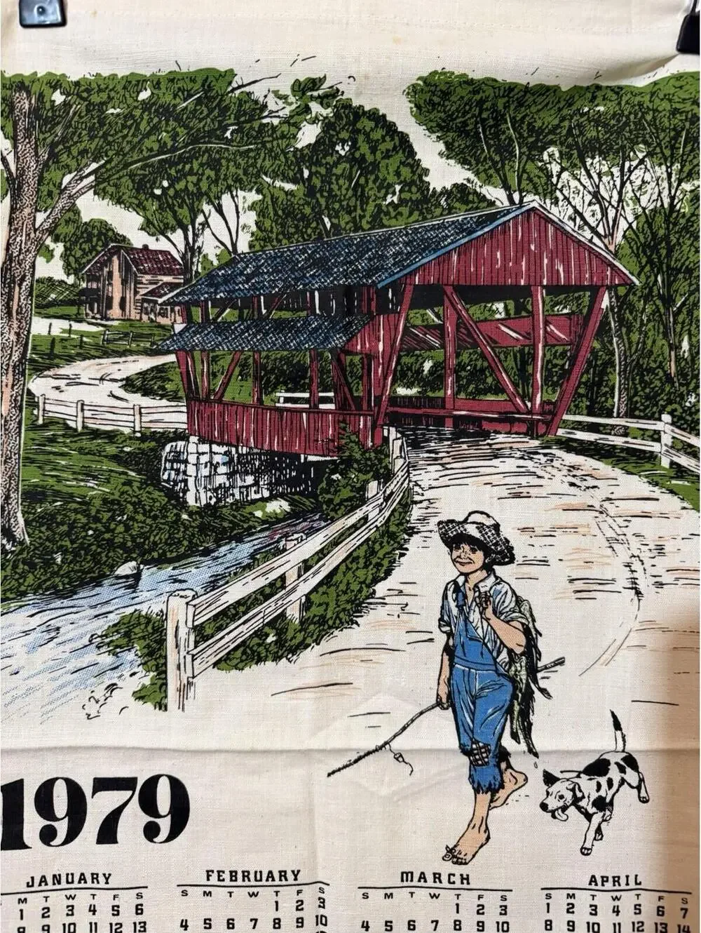 1979 Linen Tea Towel Locker Lee Dairy Covered Bridge Americana Vintage